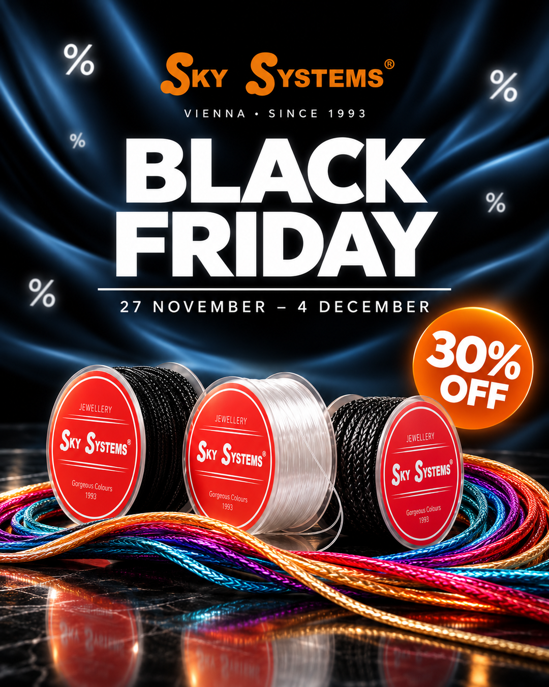 Sky Systems Black Friday sale, 30% off jewelry cords and findings, 27 November to 4 December